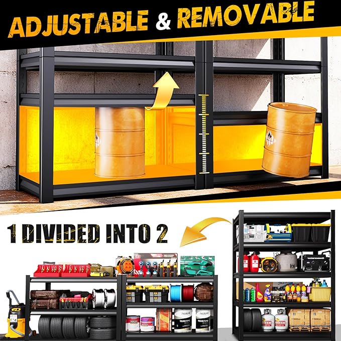 5-Tier 72”H Garage Shelving, Adjustable Garage Shelves, 2500 Lbs Storage Shelves Heavy Duty, Garage Shelf for Tool Organization, Storage Shelves for Basement, Warehouse, Black (72''H×35.4''W×12''D)
