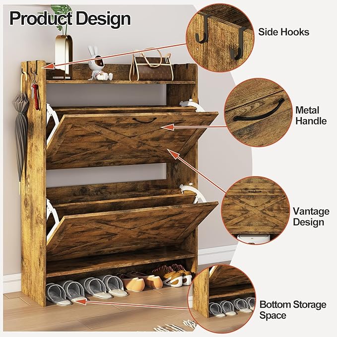 Shoe Cabinet with 2 Flip Drawers & Adjustable Shelf,Wood Shoe Organizer,Freestanding Hidden Shoe Storage Cabinet for Entryway,Hallway (Brown)