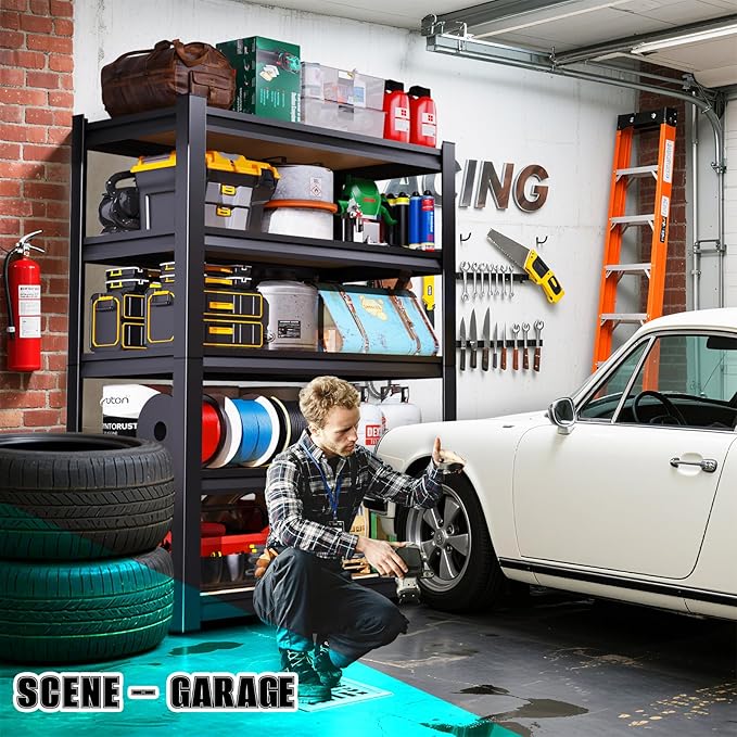 PKDYEZ Garage Shelving 5-Tier Adjustable Metal Garage Shelves Heavy Duty Unit,3000 LBS Steel Shelf Storage Rack Suitable for Industries,Warehouses,Basement,Black(Wood-72'H x 45.7''W x 19.7''D)