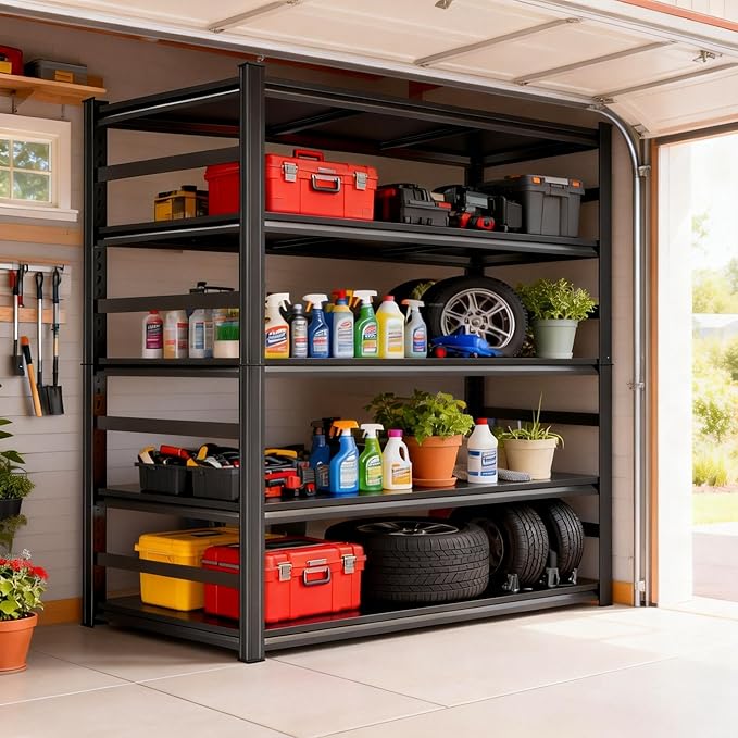 Notmise Heavy Duty Garage Shelving, 87" H x 47.2" W x 23.6" D, 3000 lbs Load Capacity, Sturdy Steel Metal Shelves for Storage, Industrial Black 5-Tier Shelving Rack for Garage, Basement, and Workshop