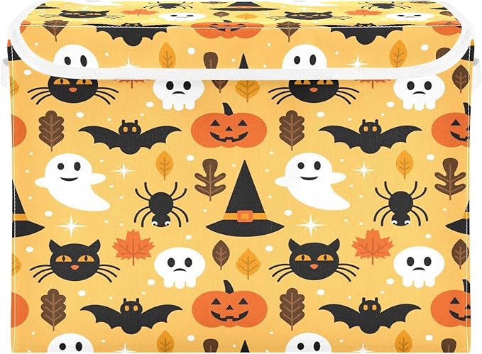 Bolaz Storage Bins with Lids and Handles, Halloween Seamless Pattern Design with Ghost Skull Pumpkin and Cat Storage Box Storage Basket with Cover Collapsible Organizer Containers for Home