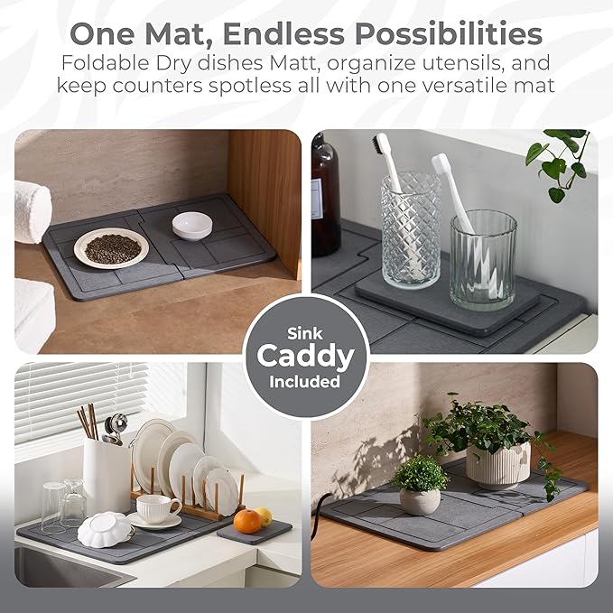 Large Stone Dish Drying Mat for Kitchen Counter, 2PCS Quick Dry Stone Dishes Mats, Detachable Water Absorbing Diatomaceous Earth Drying Pad for Bottles Dish Cups(Dark Gray 24"×16" & 8"x5")