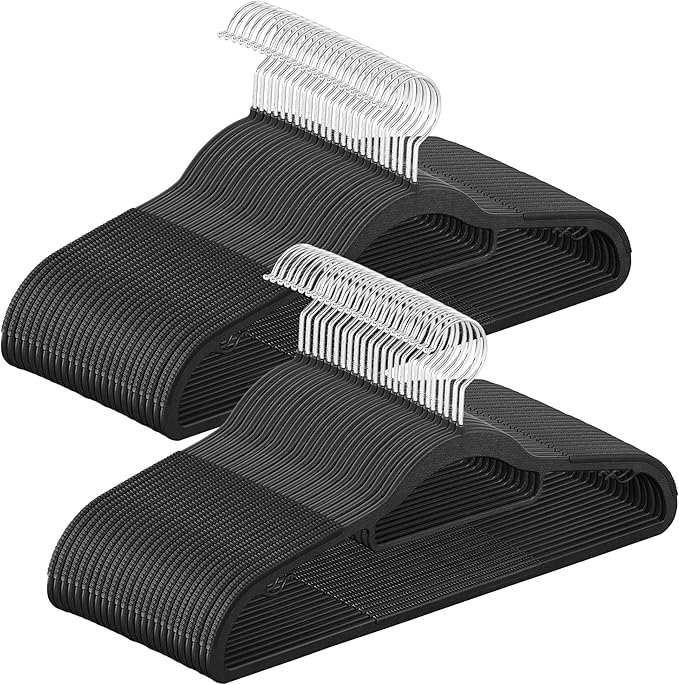 SONGMICS Pack of 50 Coat Hangers, Heavy-Duty Plastic Hangers with Non-Slip Design, Space-Saving Clothes Hangers, 0.2” Thickness, 360° Swivel Hook, 16.5” Long, Black and Gray
