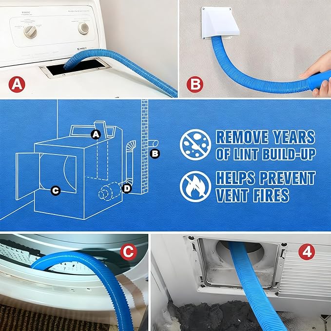 Dryer Vent Cleaning Kit, Flexible Lint Brush Vacuum Hose Vac Attachment, Universal Connector for Deep Cleaner Clogged Ducts,safevent Pro for Dryer, Quick Fire Prevention Tool Compatible (1)
