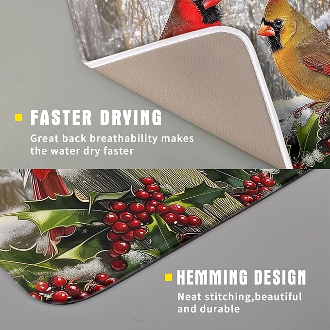 Winter Birds Dish Drying Mat Red Berry Dish Drainer Rack Mat Microfiber Absorbent Dish Drying Pad for Kitchen Counter Coffee Bar 16x18 Inch