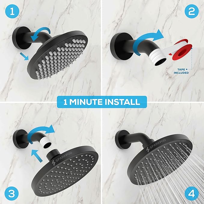 SparkPod Shower Head - High Pressure Rain - Premium Quality Luxury Design - 1-Min Install - Easy Clean Adjustable Replacement for Your Bathroom Shower Heads (Midnight Black Matte, 6 Inch Round)