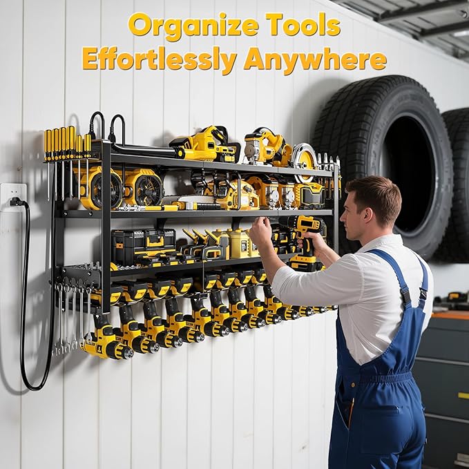 POKIPO 49.5" W Large Power Tool Organizer Wall Mount with Charging Station, 4 Tier Heavy Duty 12 Cordless Drills Holder Load 800 lb, Tool Battery Storage Rack Built in 8 Outlet Power Strip for Garage
