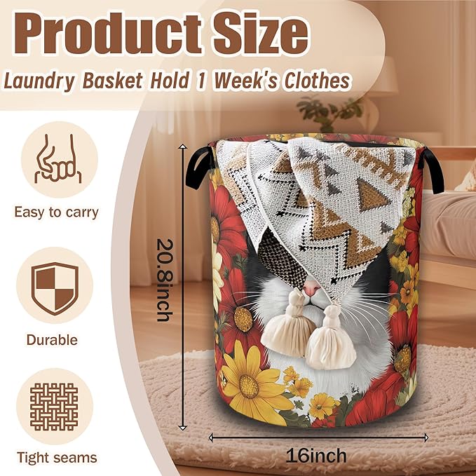 Black White Cat Laundry Basket,Red White Daisies Collapsible Laundry Hamper Waterproof Oxford Cloth With Handles,Clothes Storage Bucket Toy Organizer For Bathroom/Nursery/Bedroom 16" x 20.8"