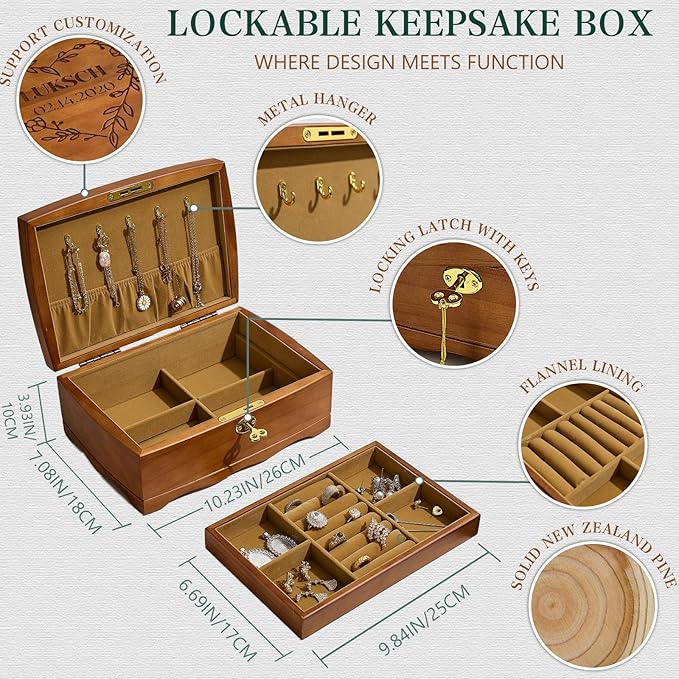 Personalized Wooden Jewelry Box, Customized Double Layer Retro Jewelry Organizer with Lock and Key for Women Girls, Birthday Gift for Her, Artners, Elders, Mom, Friends, Girlfriends and Bridesmaids