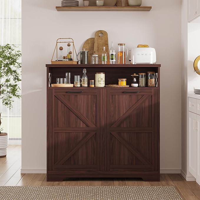 Double Tilt Out Trash Can Cabinet for 13 * 2 Gallon Garbage Can, Farmhouse Kitchen Garbage Trash Bin for Hidden Laundry Basket, Dual Dog Proof Recycling Cabinet for Living Room, Dark Brown