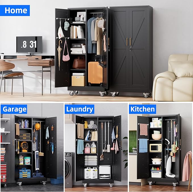 Aobabo Metal Broom Closet Storage Cabinets with 4 Adjustable Shelves and Lock,Metal Mop and Broom Cabinet with Pegboards and Wheels,Assembly Required,Black