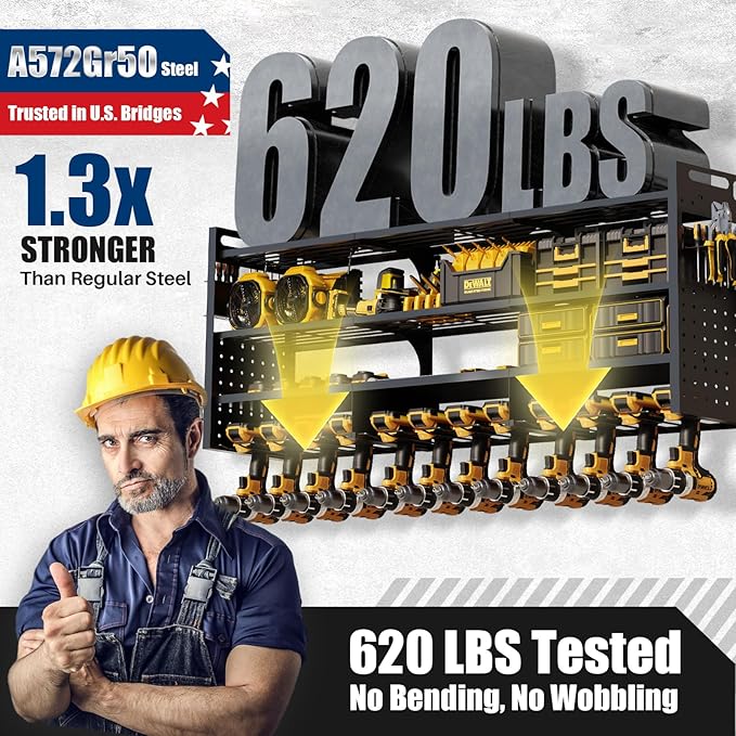 STURDIFLOW Large 49''W Power Tool Organizer Wall Mount | 620lbs Garage Storage Rack with 12 Cordless Drill Holder | 4-Tier Heavy Duty Utility Shelf for Battery Workshop Organization