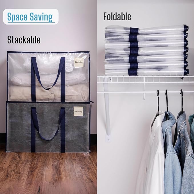 VENO 4 Pack Moving Bags and Large Christmas Storage Bins with lids. Alternative to Moving Boxes, Packing Supplies for College. Extra Large Heavy Duty Totes for Packaging (Clear, 4 Pack)