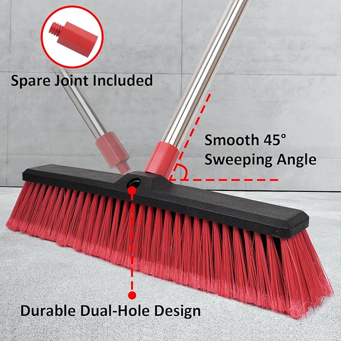 18” Push Broom with 70” Adjustable Handle - Heavy Duty Outdoor Broom for Shop, Garage, Patio, Driveway, Yard, Deck Cleaning