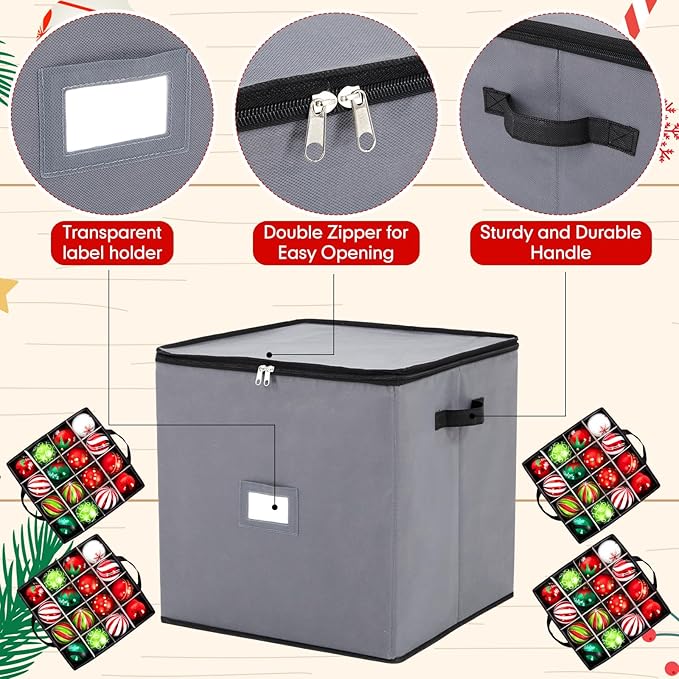 Pinkunn 64pcs 4in Christmas Ornament Storage Box with Dividers Tray Stores Holiday Ornament, Adjustable Dividers, Double Zipper, Label Slot, Two Handles Storage Container Box Keeps Xmas Decor(Grey)