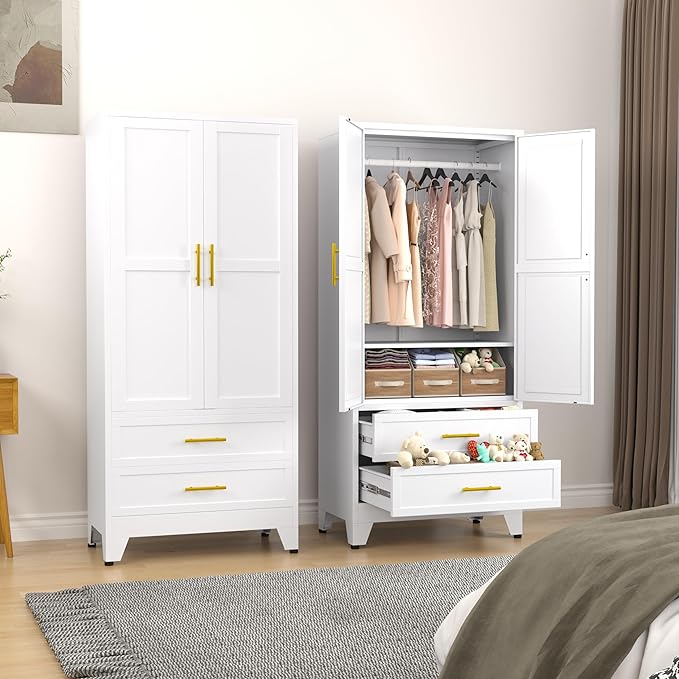 Metal Armoire Wardrobe Closet, 71 "Metal Clothing Storage Cabinet with Adjustable Shelves and Hanging Rod, Household Steel Wardrobe Storage Cabinet with Drawers (armoire-White)