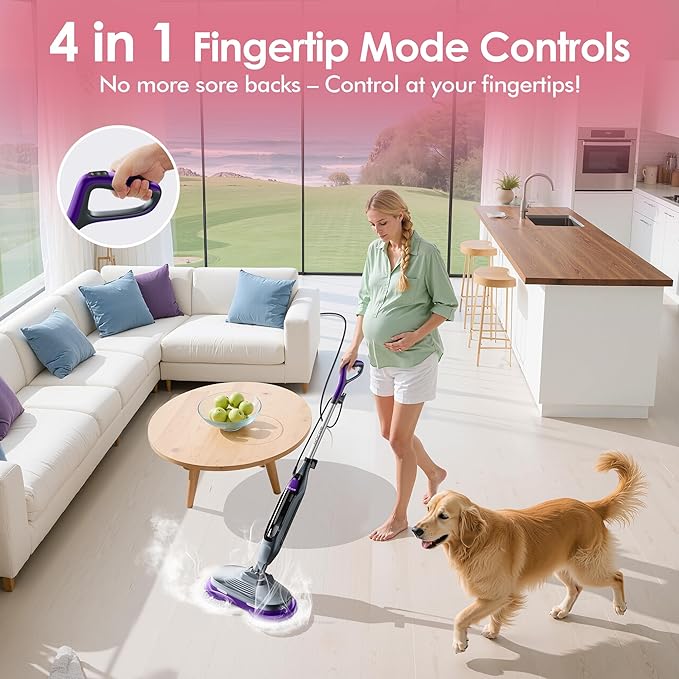 BOJUK Scrub and Steam Mop with LED Headlights, All-in-One Hard Floor Cleaner Rotating Mop, 6 Cleaning Pads, Swivel Steering, Cable Holder & XL Water Tank