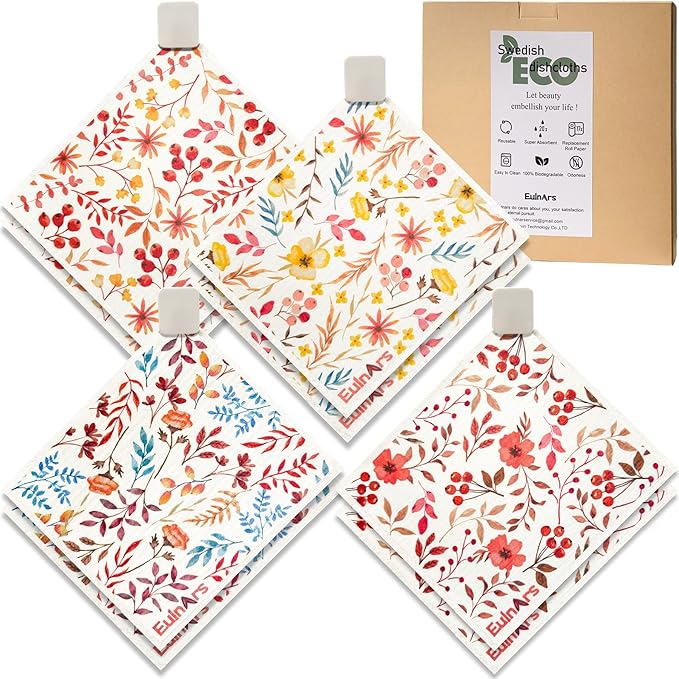 Eulnars Swedish Dishcloths for Kitchen, 8 Pack Watercolor Reusable Paper Towels with Clips, Non-Scratch Swedish Kitchen Towels, Super Absorbent Cellulose Sponge Cloths, Dishwasher Safe, No Odor