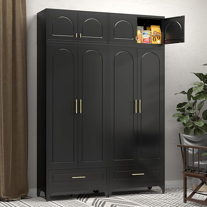 Metal Storage Cabinet with Drawer, 90" Tall Kitchen Pantry Storage Cabinets with Doors and Adjustable Shelves, Black Pantry Closet, Steel Large Cupboard, High Leveling Feet- Assembly Required