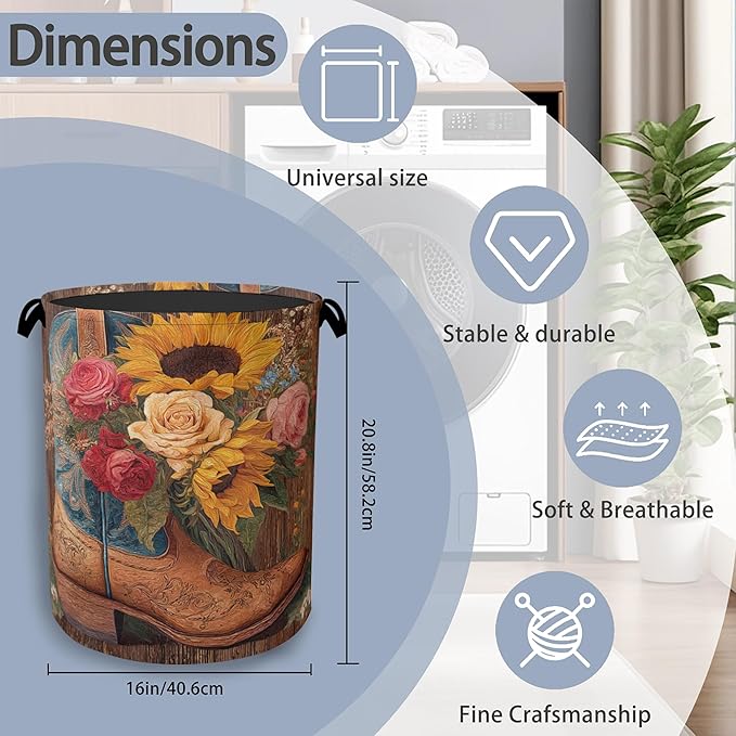 Cowboy Boots Laundry Basket,Wooden Sunflowers Foldable Oxford Cloth Tote Bag Laundry Hamper Clothes Storage Bucket Organizer for Bedroom Laundry Storage Dormitories 16" x 20.8"