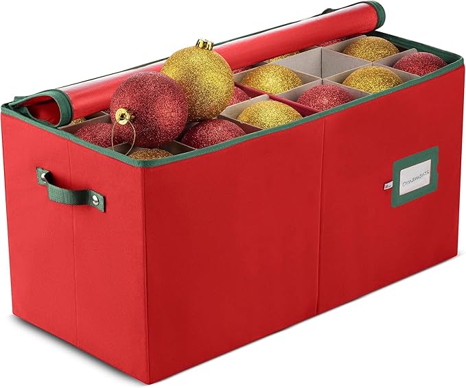 ZOBER Large Christmas Ornament Storage Box - Stores 54 4" Large Ornaments, With Dividers - Ornament Organizer Storage Box, Durable Christmas Containers Holder, Dual Zipper - Red