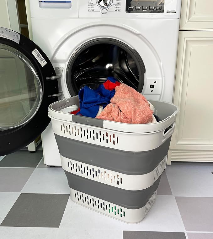 SAMMART 38L(10 Gal) Collapsible Laundry Basket - Foldable Pop-Up Storage Container/Organizer-Portable Space Saving Hamper, Measure 17.5x13.3x15.7/3.8" Expanded/Collapsed (1, Grey)