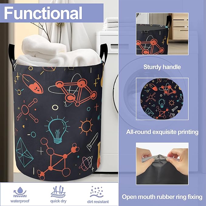 Atom Laundry Hamper，Science Large Canvas Fabric Lightweight Storage Basket/Dirty Clothes Collapsible Waterproof for College Dorms, Boys and Girls Bedroom,Bathroom