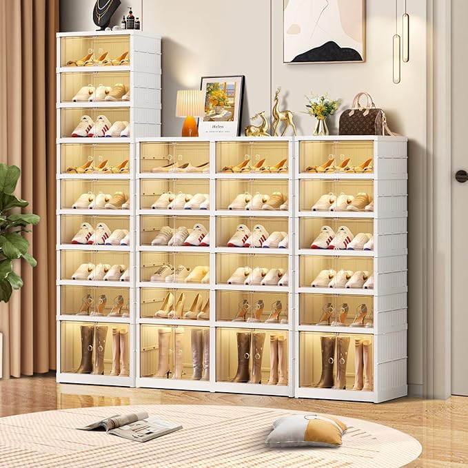 6-Tier Foldable Shoe Rack Organizer for Closet 24Pairs Plastic Shoe Shelf Collapsible Shoes Storage Box Clear Shoe Boxes Stackable with Door Easy Assembly Shoe Cabinet with Lids Large