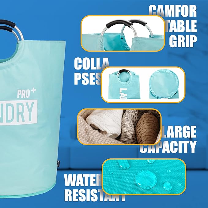 Caroeas Super Large 150L Laundry Hamper Pro, Waterproof Laundry Basket, Clothes Hamper Stands Up Well, Laundry Bag with Padded Handles, Collapsible Laundry Basket Easy Storage (Light Blue)
