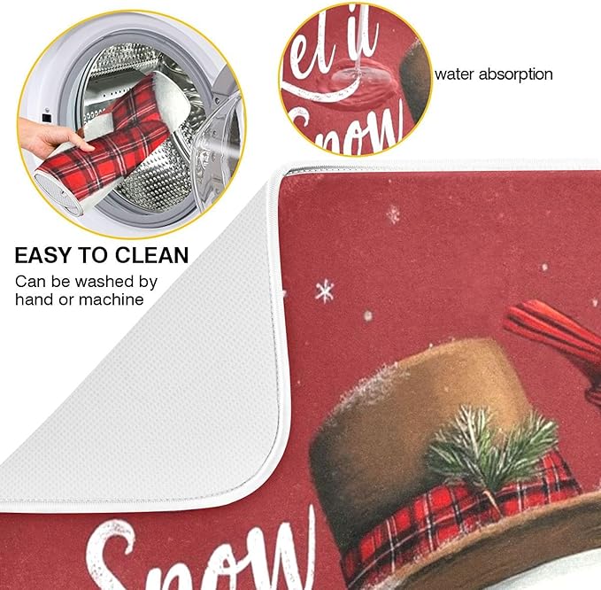 Winter Snowman Let it Snow Dish Drying Mat for Kitchen Countertop 16x18 Christmas Red Birds Snowflake Xmas Small Drying Mat Reusable Quick Dry Dish Sink Mats Easy Clean Decorative Essentials
