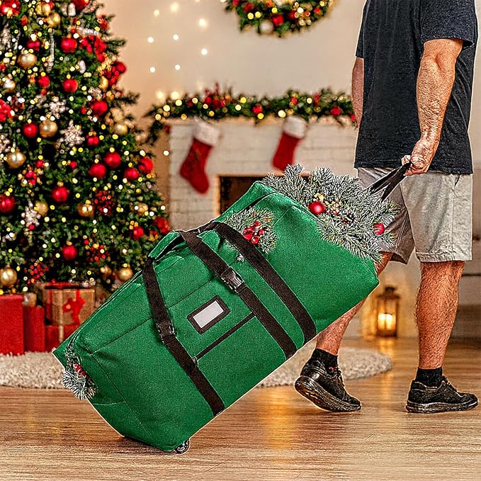 7.5 ft Christmas Tree Storage Bag, Heavy Duty Rolling Xmas Tree Bag with Reinforced Handles and Wheels, Large Storage Container for Trees and Decorations, Green