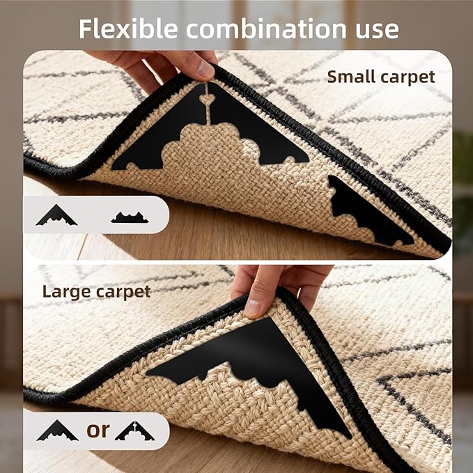 QUAFIPAAT 16 Pcs Rug Carpet Non Slip Grippers, No Damage Reusable Rug Tape for Hardwood Floors and Tiles, Keep Corners Flat, Double-Sided Adhesive Area Rugs