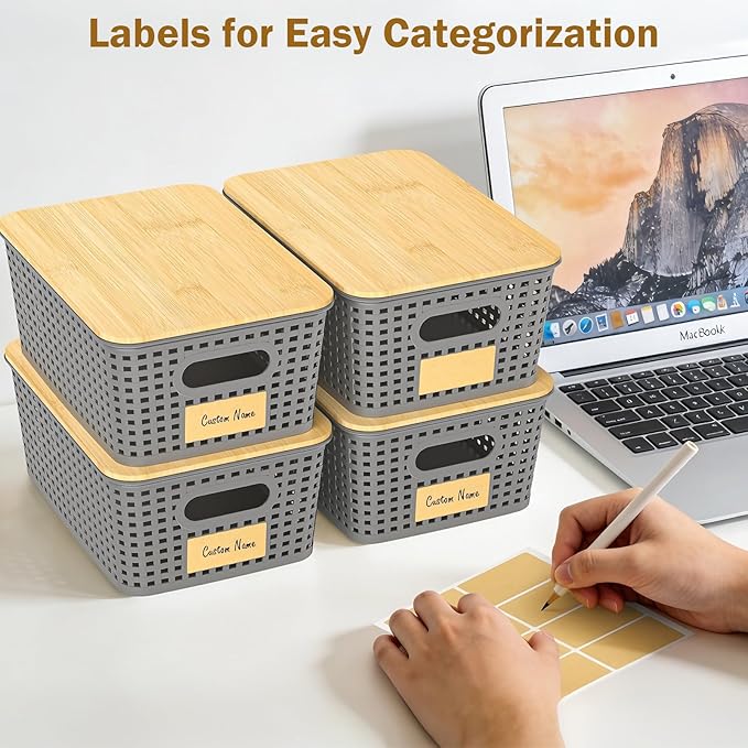 Stackable Storage Basket: Plastic Storage Bins, Baskets for Organizing, Pantry Decorative Containers for Closets, Cabinets, Shelves(8 Pack, Grey)