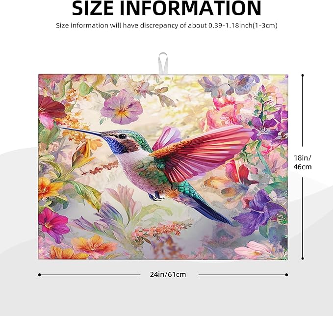 Hummingbird Dish Drying Mat for Kitchen Counter Microfiber Super Absorbent Non-Slip Dish Drying Pad for Countertops Dishes Utensils Stylish Quick-Dry Machine Washable 18x24 Inch