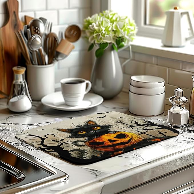 Wnoesat Black Cat Halloween Kitchen Dishes Drying Mat 16x18 Inch Halloween Fall Pumpkin Bat Dish Drying Mats for Kitchen Counter Absorbent Microfiber Dish Rack Mat Drainer Pad for Coffee Bar Sinks