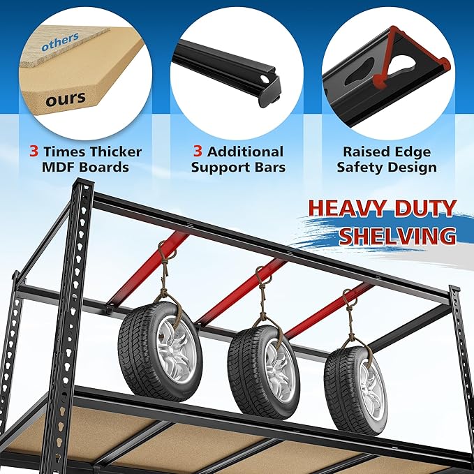DurayLoly 55" W Storage Shelves, 3060LBS Garage Shelving, 6-Tier Heavy Duty Shelving, Adjustable Metal Shelving Unit for Garage, Warehouse, Pantry, Kitchen, 55" W × 24" D × 84" H, Black