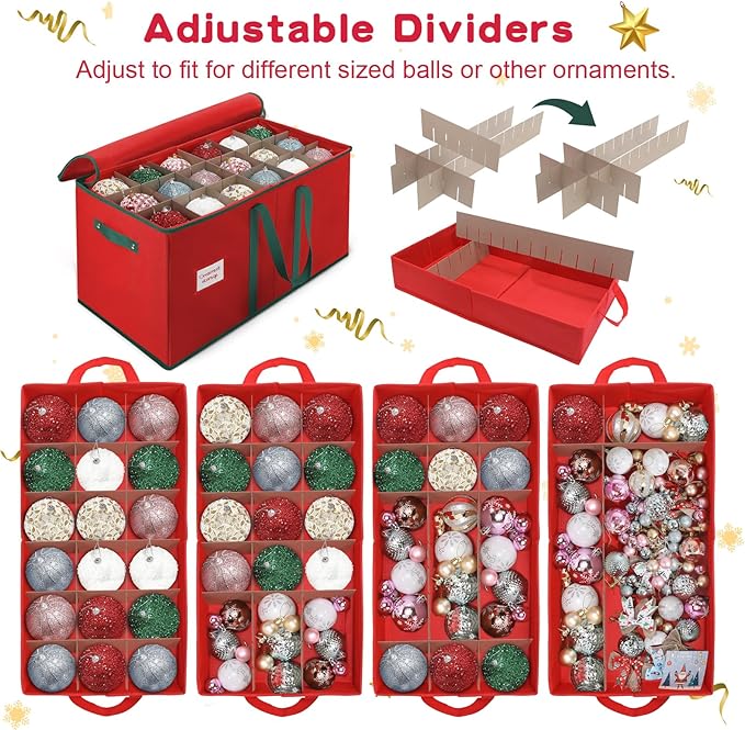 Christmas Ornament Storage Box, Stores Up to 54-4" Ornaments, 3 Individual Trays, Adjustable Dividers, 600D Oxford Fabric, Large Organizer Bin to Protect and Store Holiday Décor