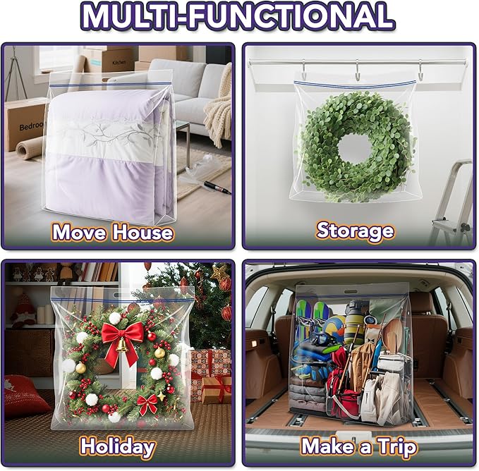 Extra Large Wreath Storage Bag, 34"x34"x8.5", Clear Storage Bag with Handle, Summer Christmas Decoration Garland Container for Seasonal Thanksgiving Holiday Artificial Wreath, 4 Pack