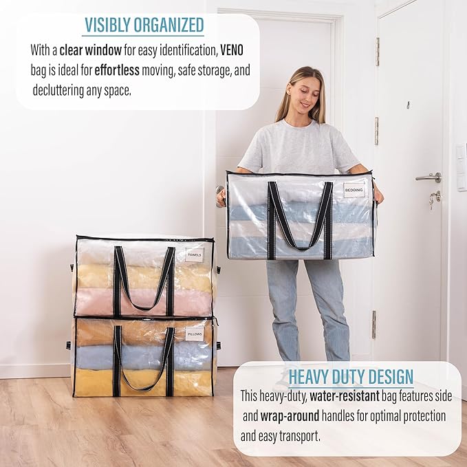 VENO 2 Pack Clear Moving Bags Christmas Storage Bags, Large Storage Bins with Lids, Heavy Duty Holiday Decor Organizers Moving Boxes Tote Packing Garland Ornament Supplies for College Dorm Clothes