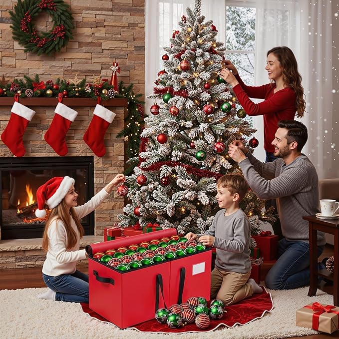 Christmas Ornament Storage Box - Large & Sturdy Christmas Storage Container with Adjustable Dividers, 8 Individual Trays and Handles, Holds up to 128 Holiday Decorations (Red)