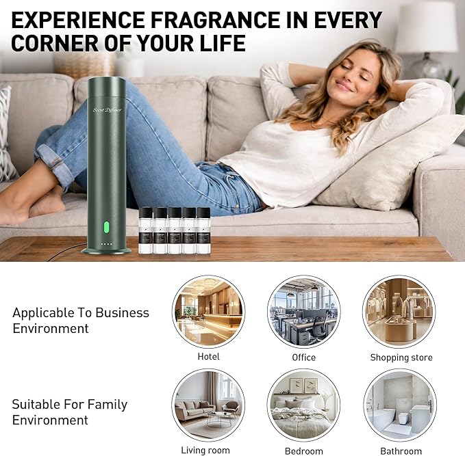 Waterless Scent Diffuser Starter Kit - 1000 Sq Ft Coverage, Hotel Scent Diffuser, Essential Oil Diffuser Large Room, Included 5 Scent Oils, Remote Control, SandGreen