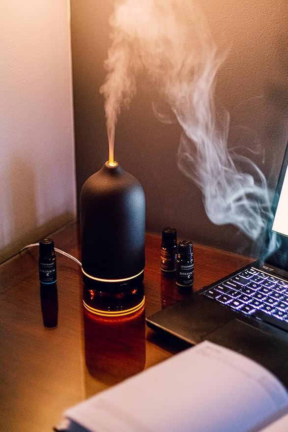 Black Stone Essential Oil Diffuser – Ceramic Aromatherapy Diffuser with Ultrasonic Mist, LED Ambient Light & Auto Shut-Off for Home, Bedroom, Office