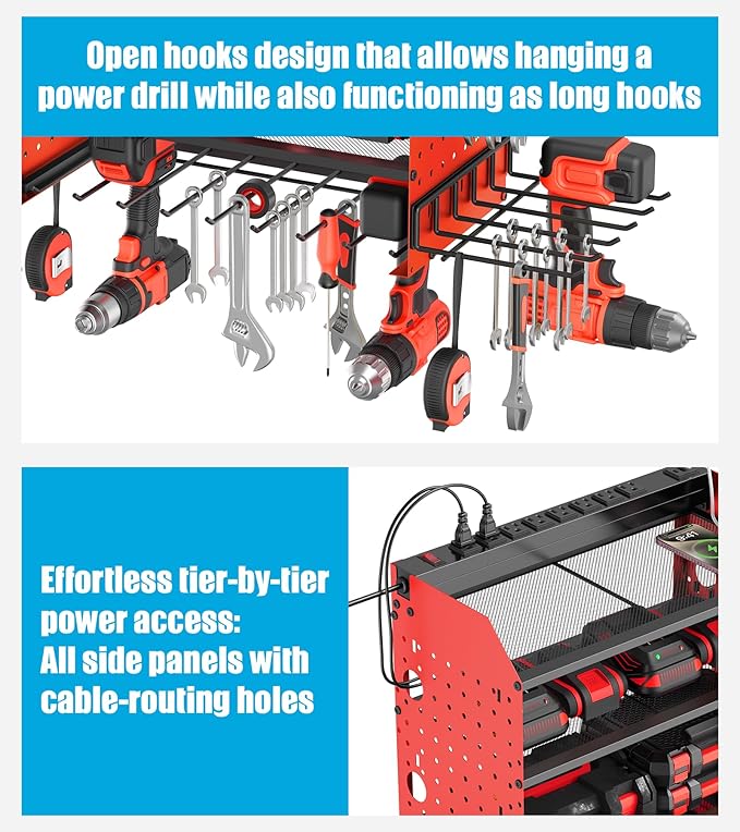 CCCEI Modular Power Tools Organizer with USB Charging Station, 4 Layer Drills and Battery Storage Wall Mount, Garage Shop Organization, Anniversary, Birthday, Gifts for Men, Father, 6FT Cord, Red.