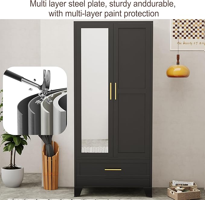 71" H Metal Armoire Wardrobe Closet with Mirror,Household Steel Wardrobe Cabinet with Drawers,Clothing Storage Armoire Cabinet with Adjustable Shelves and Hanging Rod for Bedroom（Black）