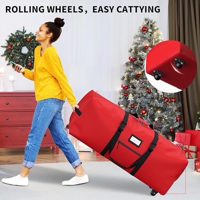 Rolling Christmas Tree Storage Bag, Fits Up to 9 ft Artificial Xmas Disassembled Trees. Extra Large Storage Container with Wheels and Handles. Against Dust and Moisture.(Red)