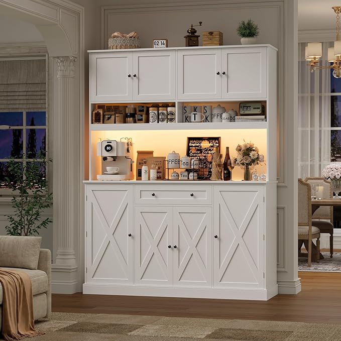 HIFIT 72.8” Tall Kitchen Pantry Cabinet with LED & Charging Station, 55” Wide Farmhouse Pantry Storage Cabinet with Microwave Stand&Shelves&Barn Doors, Kitchen Hutch Coffee Bar for Living Room, White