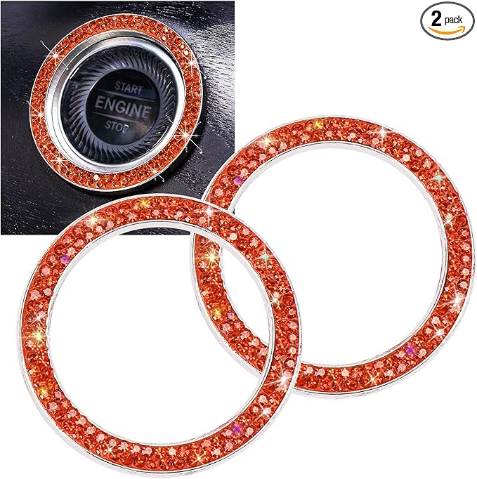 ToBeQueen Bling Car Crystal Rhinestone Ring Emblem Sticker, Car Interior Decoration, Bling Car Accessories for Women, Push to Start Button, Key Ignition Starter & Knob Ring (Orange)