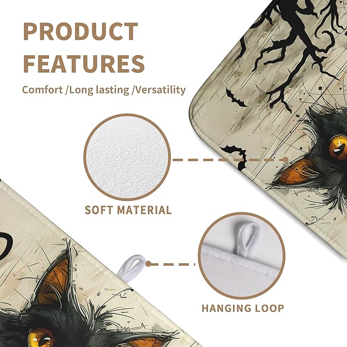 Wnoesat Black Cat Fall Pumpkin Dish Drying Mat 18x24 - Super Absorbent Drying Pads for Kitchen Counter - Happy Halloween Bat Branch Large Microfiber Dishes Drying Mats