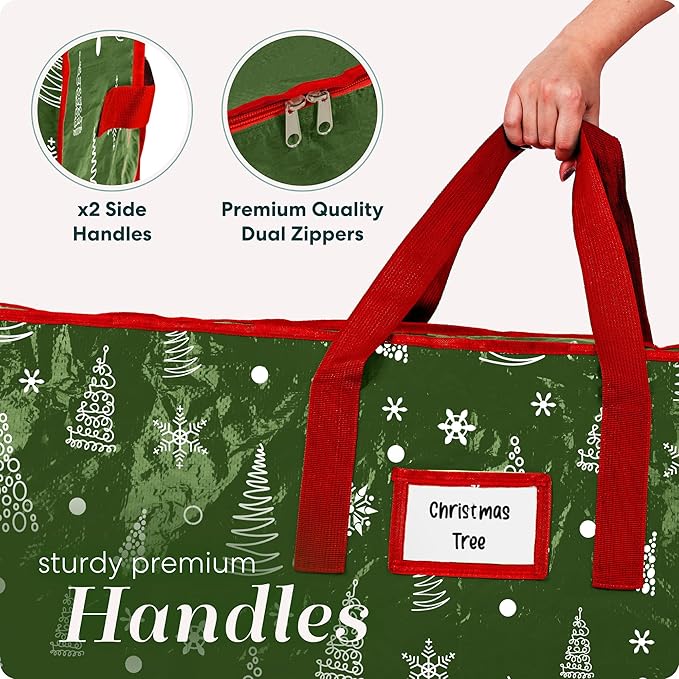 Christmas Tree Storage Bag - Stores 9 Foot Artificial Xmas Holiday Tree, Zippered Bag, Durable Waterproof Material, Carry Handles - Protects Against Dust, Insects and Moisture (Green Printed)