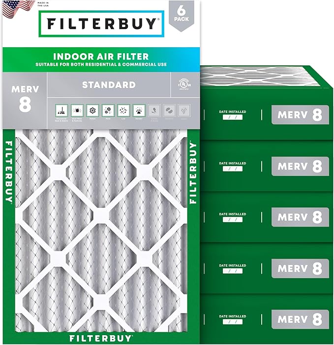 Filterbuy 12x24x4 Air Filter MERV 8 Essential Dust & Allergy Defense (6-Pack), Electrostatic Pleated HVAC AC Furnace Filters Replacement, Made in USA (Actual Size: 11.50 x 23.38 x 3.63)